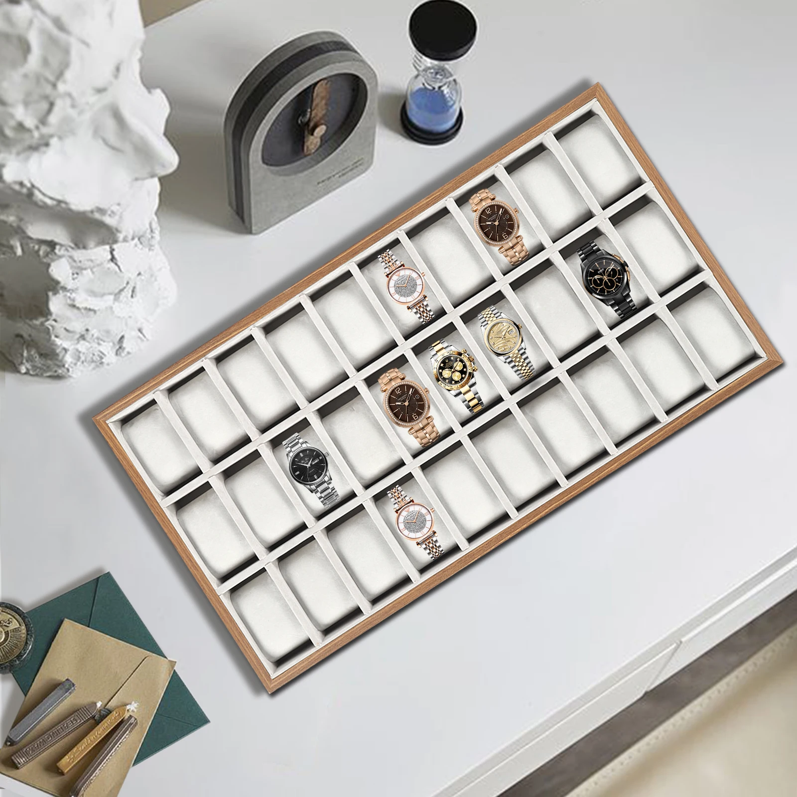 

30-Slot Watch Box Organizer Watch Case W/ Glass Lid Retro Watch Storage Box Classic Watch Display Case Jewelry Storage For Rings