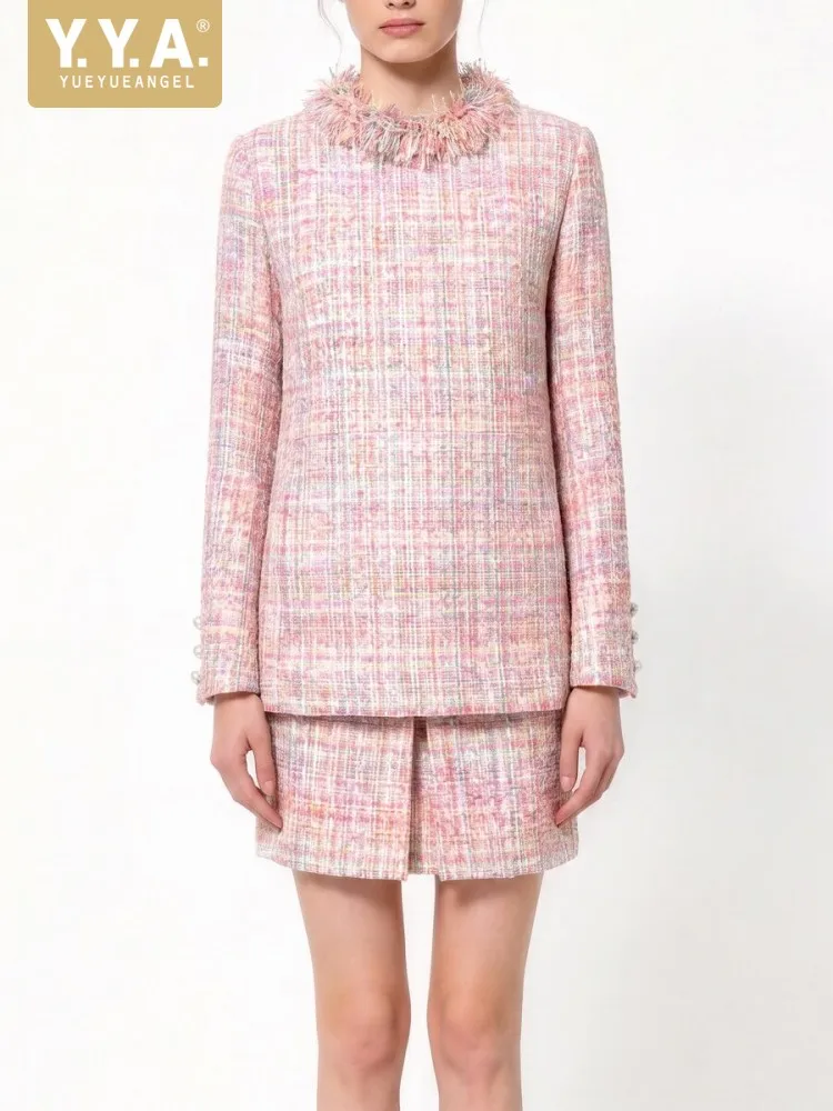 Elegant Office Women Work New Pink O Neck Tweed Set Single Breasted Jacket Mini Skirt Two Piece Set Sweet Lady Outfits Matching