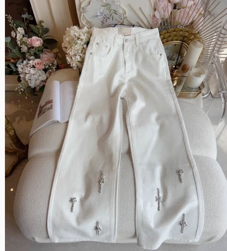 Vaqueros Retro lavados para mujer, pantalones de pierna recta con diamantes de imitación exquisitos, cintura alta, delgados, elegantes, para ocio, Primavera, 2024