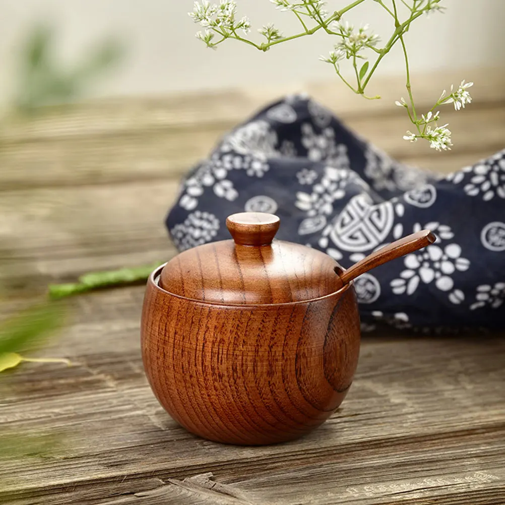 

Wooden Seasoning Spice Container with Lid Spoon Salt Tea Canister Sugar Storage Canister Vintage Kitchen Bowls