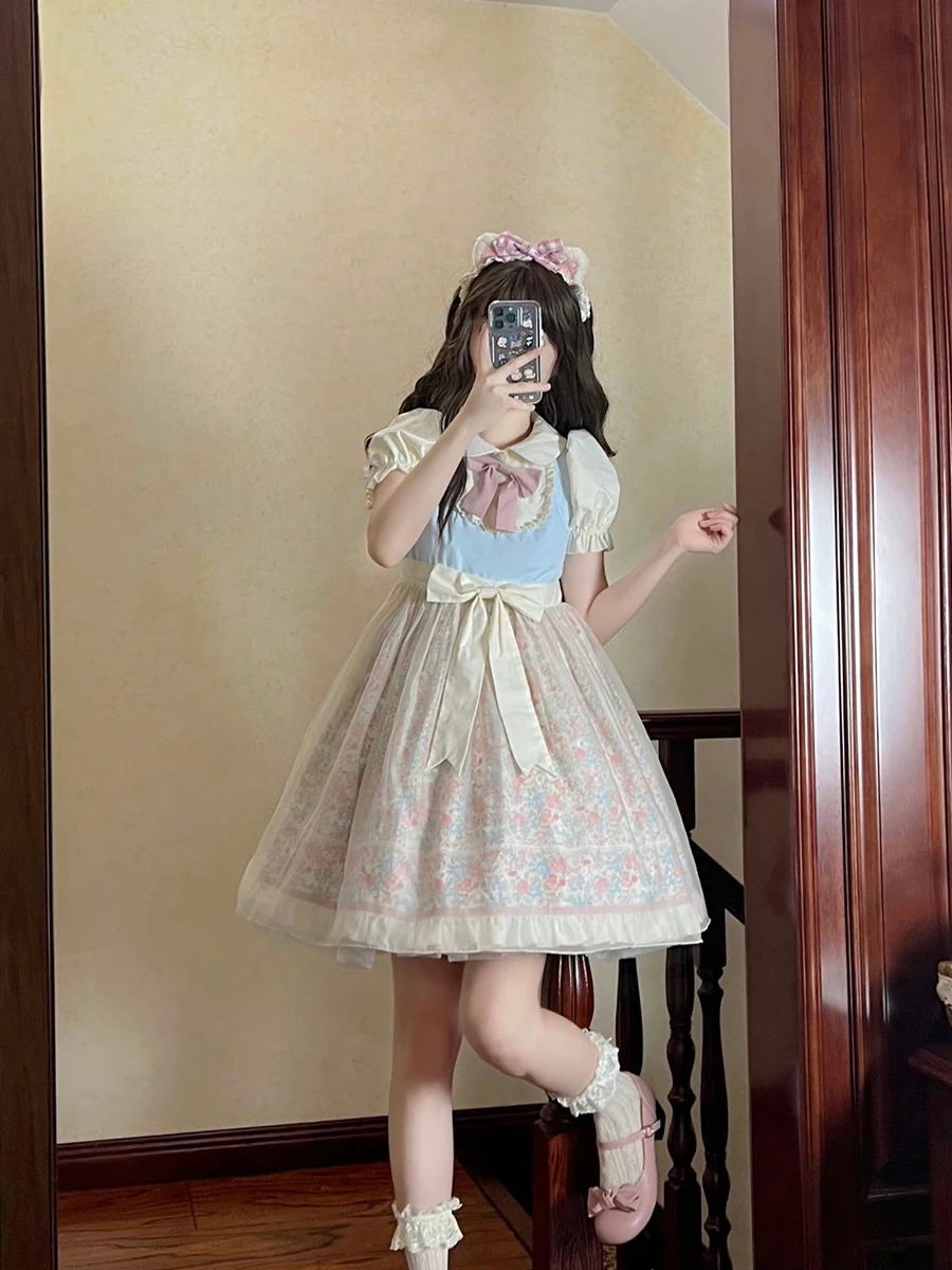 

Японское платье Лолиты с короткими рукавами, летнее платье Лолиты с цветочным принтом, повседневное платье принцессы для девочек, студентов, кампуса, чаепития, Op Dress