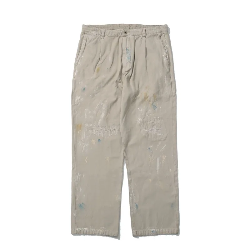 

Y2k Autumn Winter Men's Casual Pants Vintage Washed Cotton Loose Fit Khaki Trousers Splatter Ink Ripped Distressed Streetwear