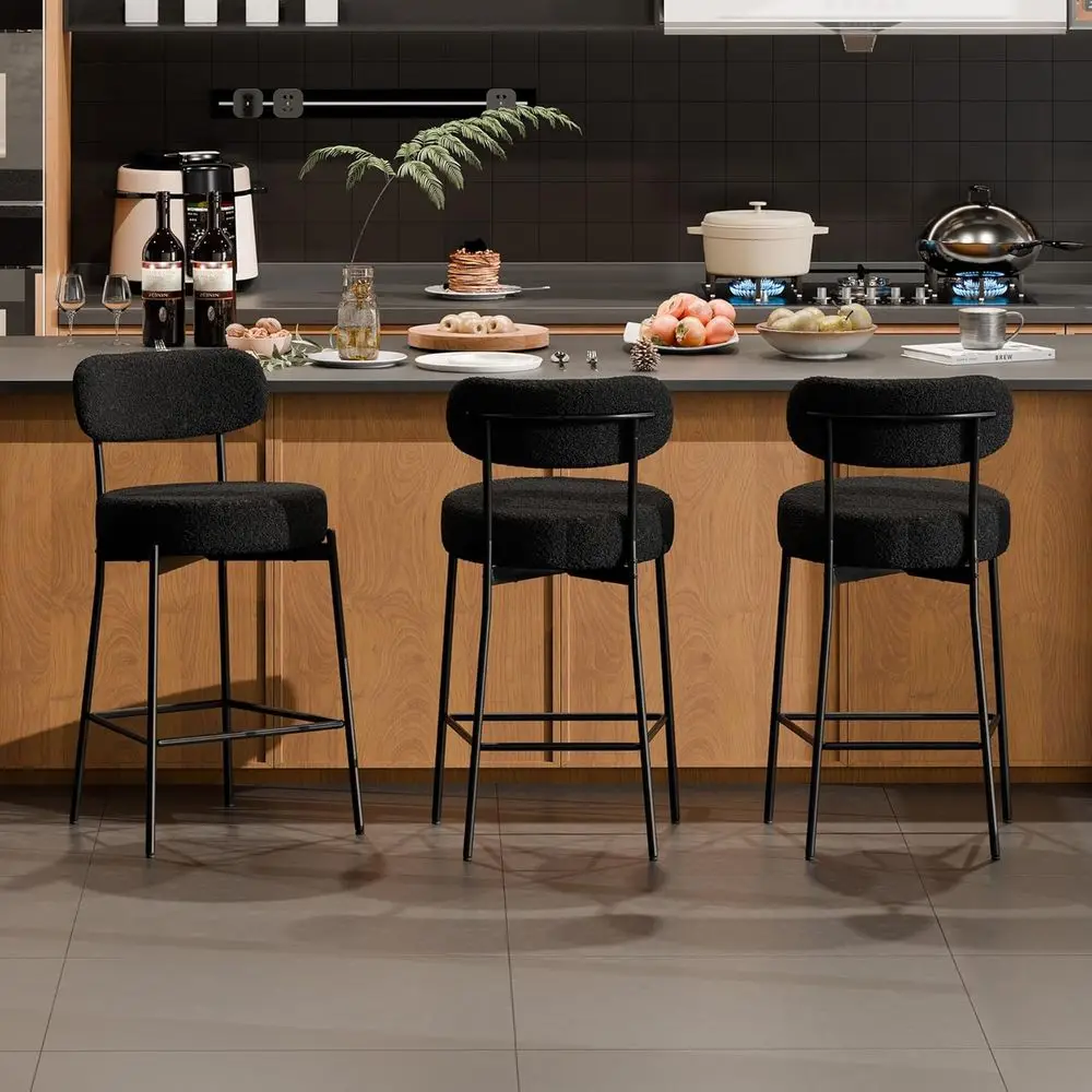 

Set of 3 Black 24 Upholstered Counter Height Bar Stools with Curved Back for Kitchen Island or Dining Room