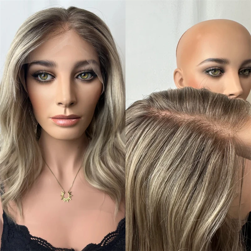 

High Quality Women's Wig Ombre Ash Blonde Wave Bob Wig 13x4 Middle Part Wavy Natural Looking Synthetic Heat Resistant Fiber Wigs