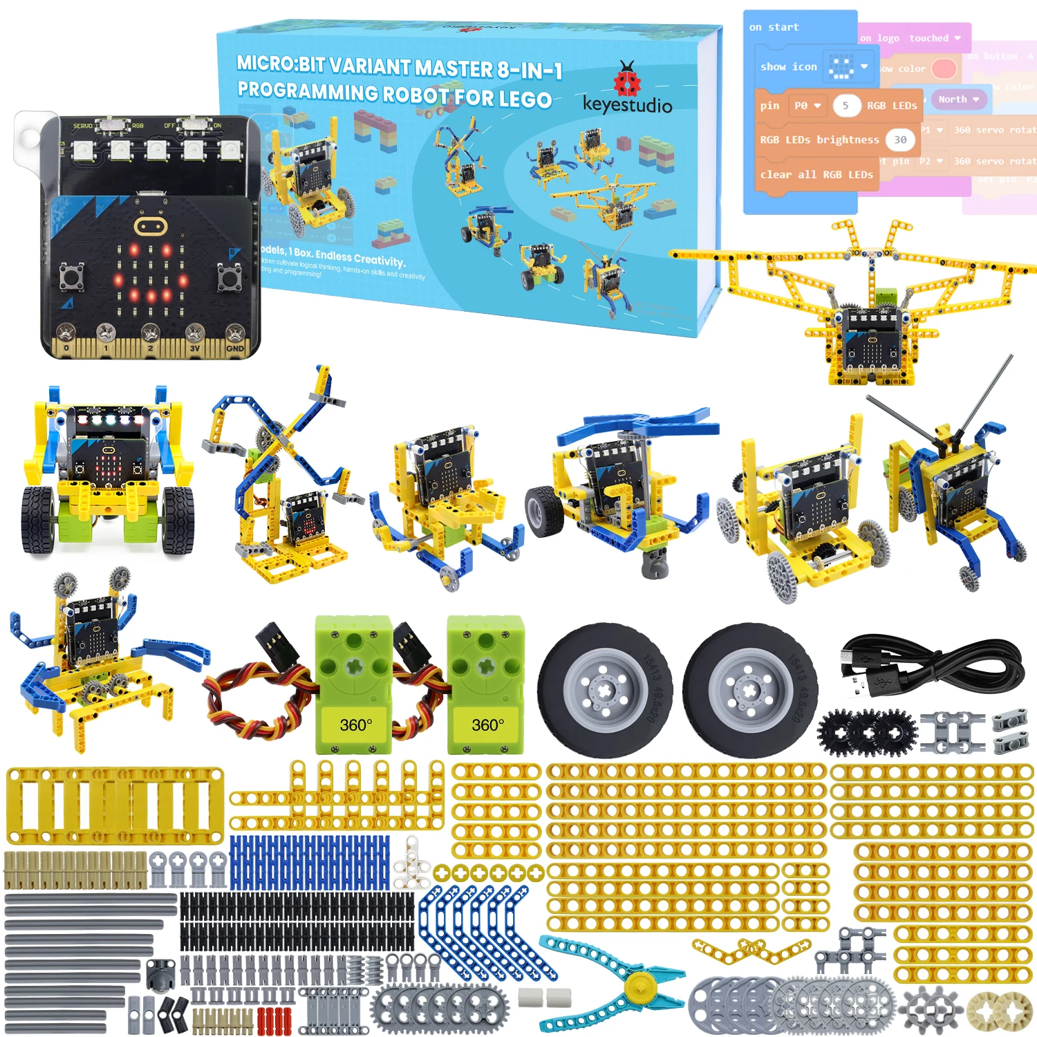 Kit de Robot Keyestudio Micro:bit V2, Coches de Programación STEM 8 en 1 para Principiantes, Set de Robótica de Codificación DIY Compatible con Bloques Lego