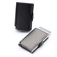 Casekey Multicolor Pu Carbon Fiber Leather Pop Up Wallet Rfid Blocking Aluminum Metal Smart Card Holder Mini Thin Purse for Men