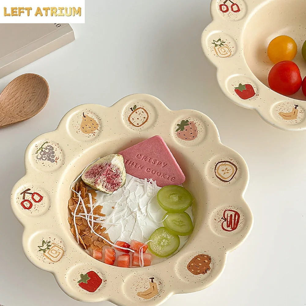 Cute Floral Edge Ceramic Bowl Korean Style Ins Creative Pattern Flower Porcelain Food Container Yogurt Salad Fruit Oats Bowls