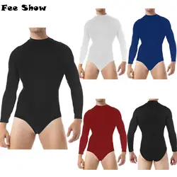 Body de manga larga con cuello simulado para hombre, camisa interior de una pieza, informal, Color sólido, botón de presión, entrepierna, leotardos de baile latino