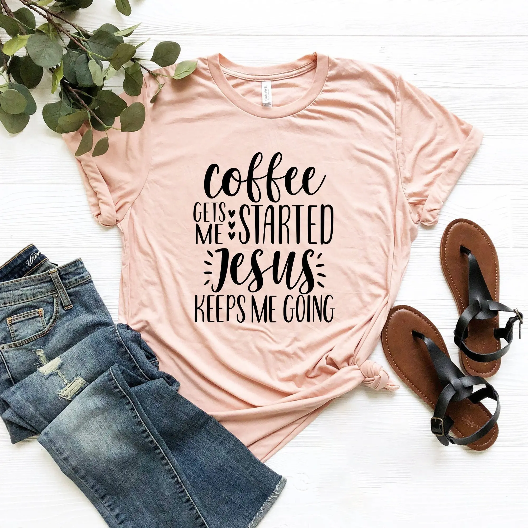 

Coffee Gets Me Started Jesus Keeps Going T Shirt Christian Clothing For Women Funny