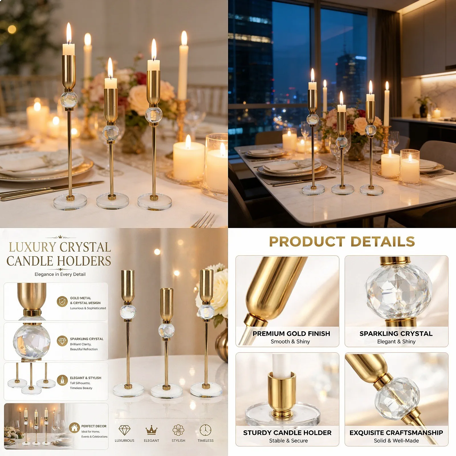 3Pcs Light Luxury Gold Crystal Taper Candle Holders Clear Base Metal Wedding Centerpiece