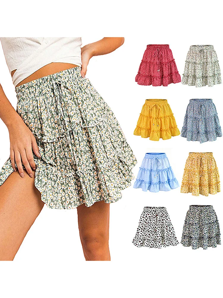 Floral Printed A-Line Mini Summer Pleated High Waist Harajuku Women Skirt New Sweet Elegant Ladies Short Beach Sexy