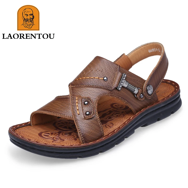 LAORENTOU leather male sandals casual beach shoes wear non-slip sandals and sliers cowhide