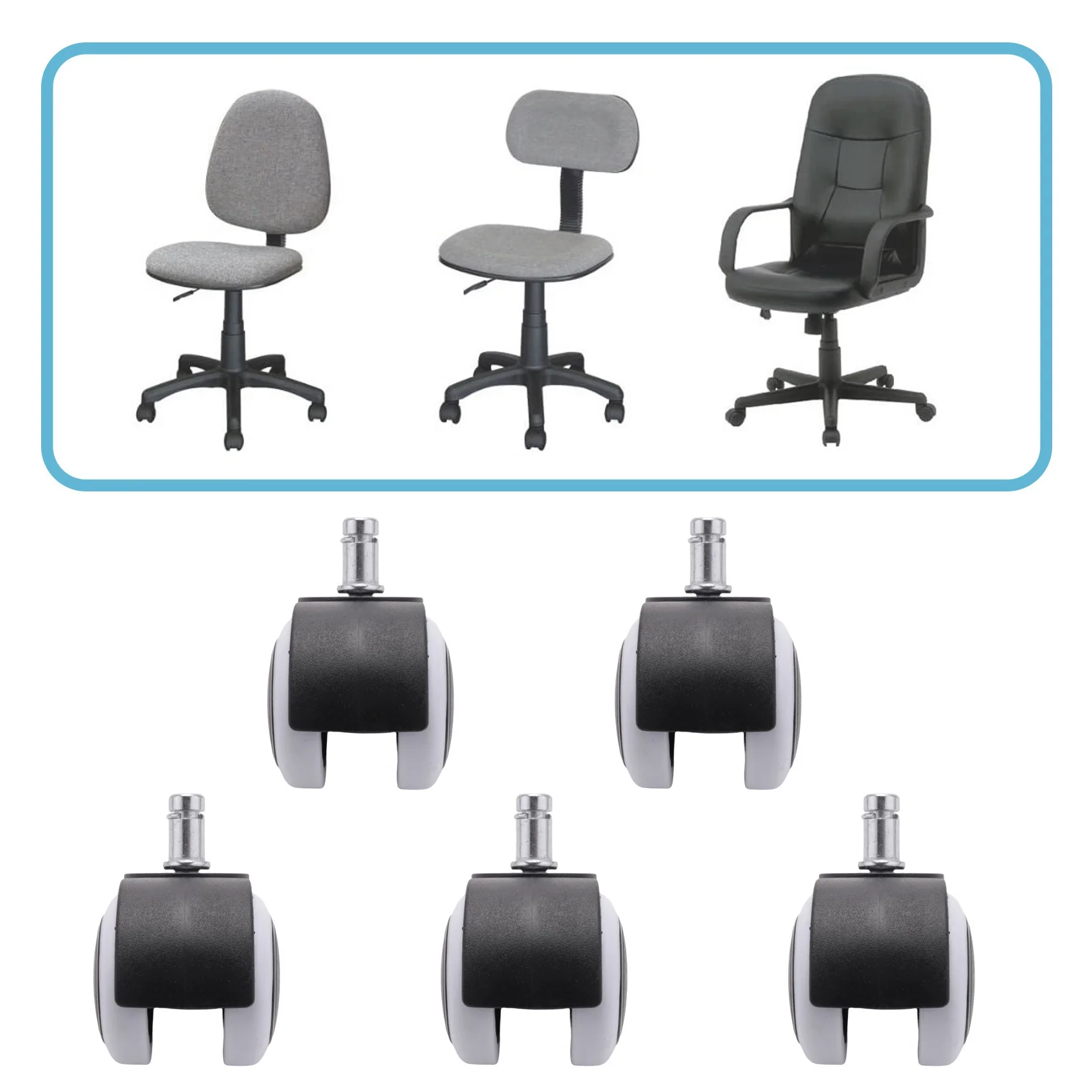 كرسي مكتب بكرة مع عجلات الخروع ، أبيض وأسود ، مجموعة من 5 ، 50 مللي متر