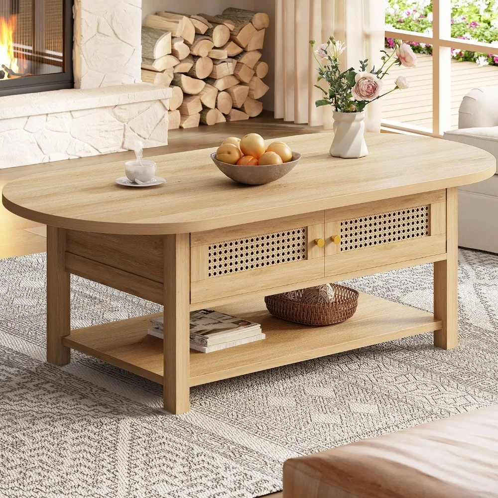 

Rattan Oval Coffee Table, Boho Wood Living Room Table with Storage, Modern 2-Tier Cocktail Tea Table with Doors & Open Shelf, F