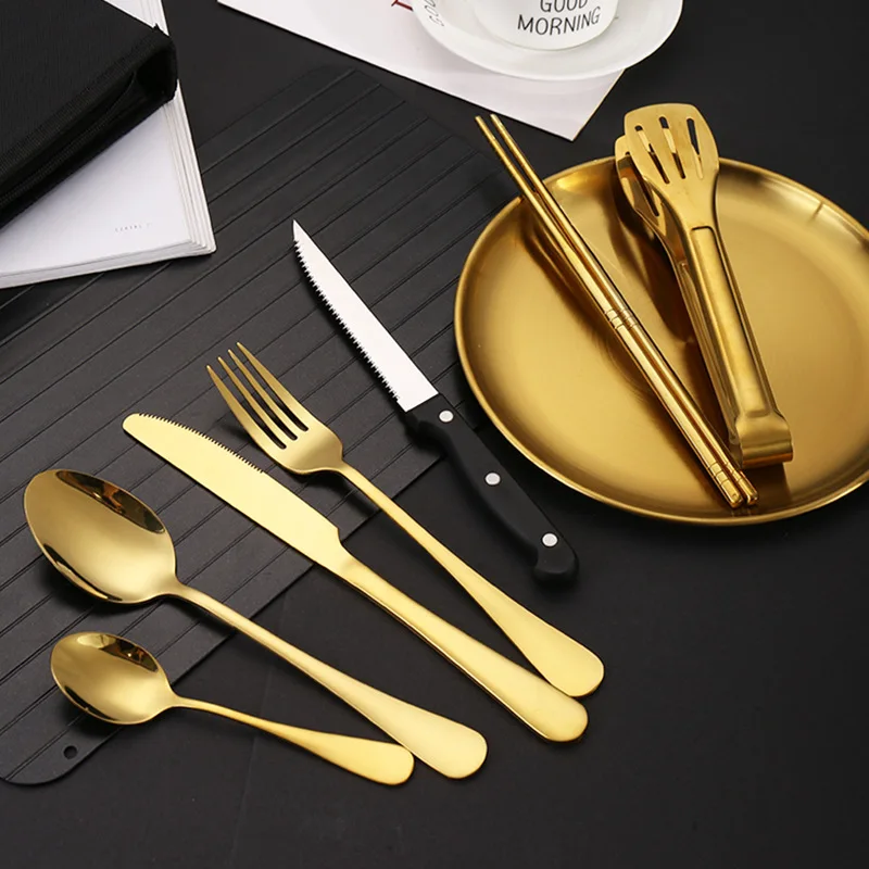 Golden Stainless Steel Outdoor Camping Cutlery Organizer, Picnic Utensil, Portable Set, Spoon, Knife, Fork, Tongs, Hiking