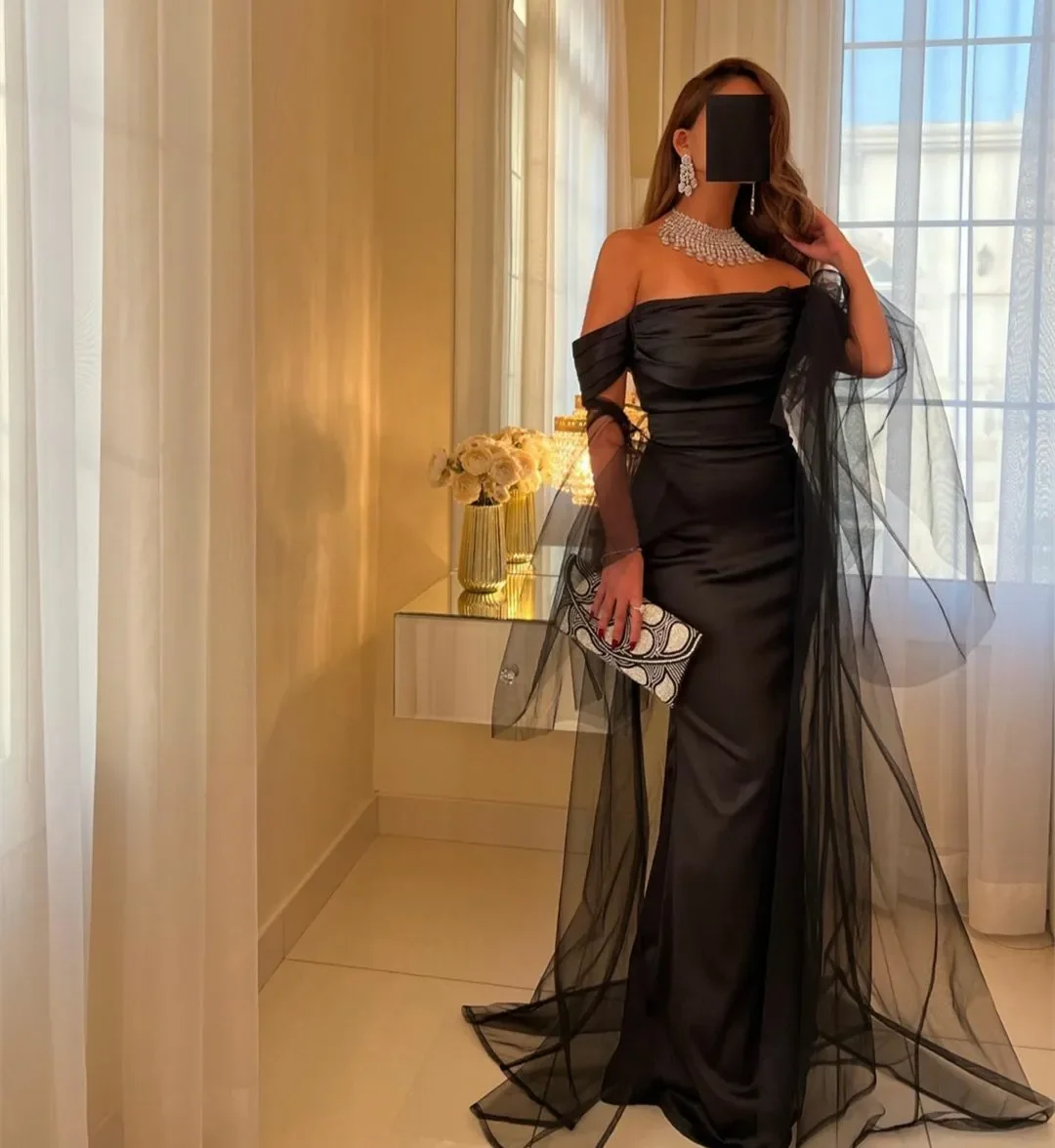 

Customized Elegant Long Black Pleated Evening Dresses with Tulle Wrap Straight Off The Shoulder Floor Length Prom Dresses for Wo