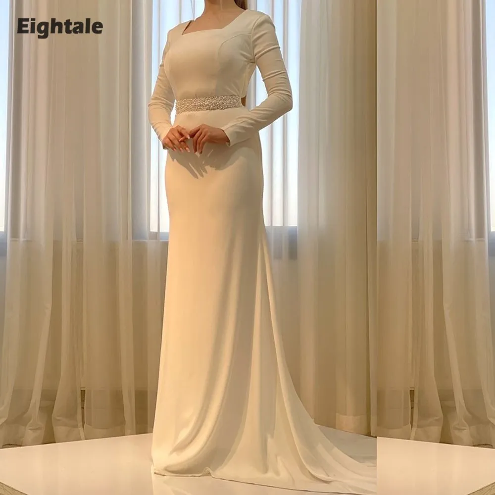 

Eightale Arabic Wedding Dress Customized Beaded Pearls Belt Satin Bridal Gown Long Sleeves Muslim Mermaid Bride Party Dress