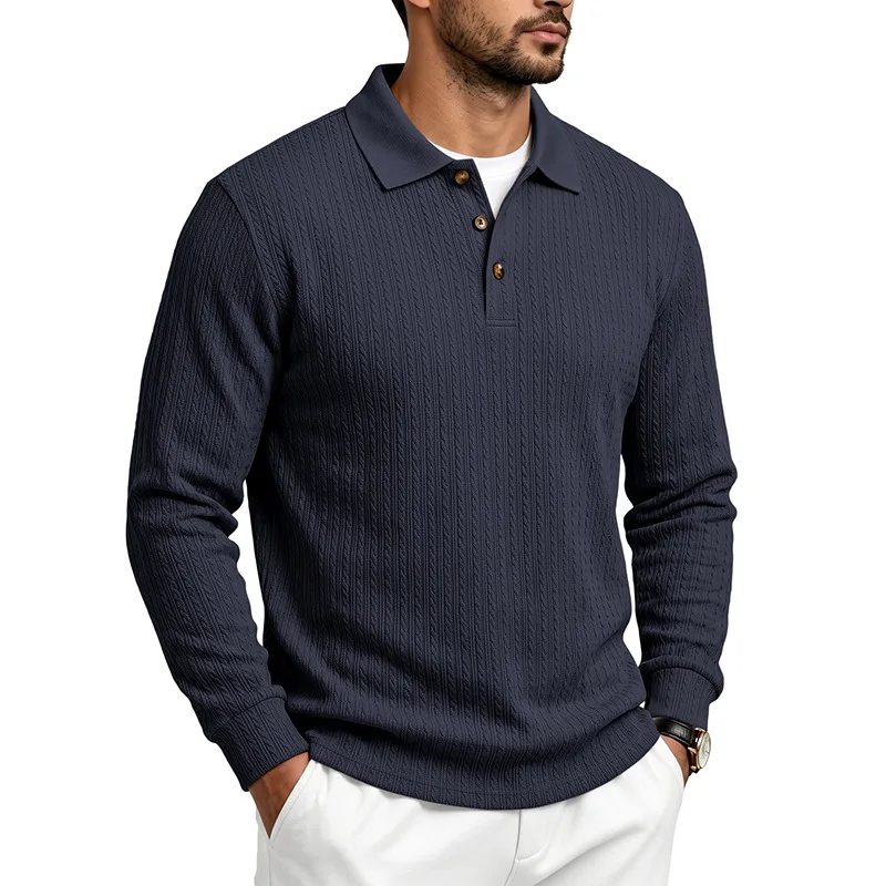 Herren Herbst-Winter US-Größe Jacquard Schlangenmuster Langarm-Poloshirt, Lässiges Einfaches Revers-Unterhemd – Detail 1