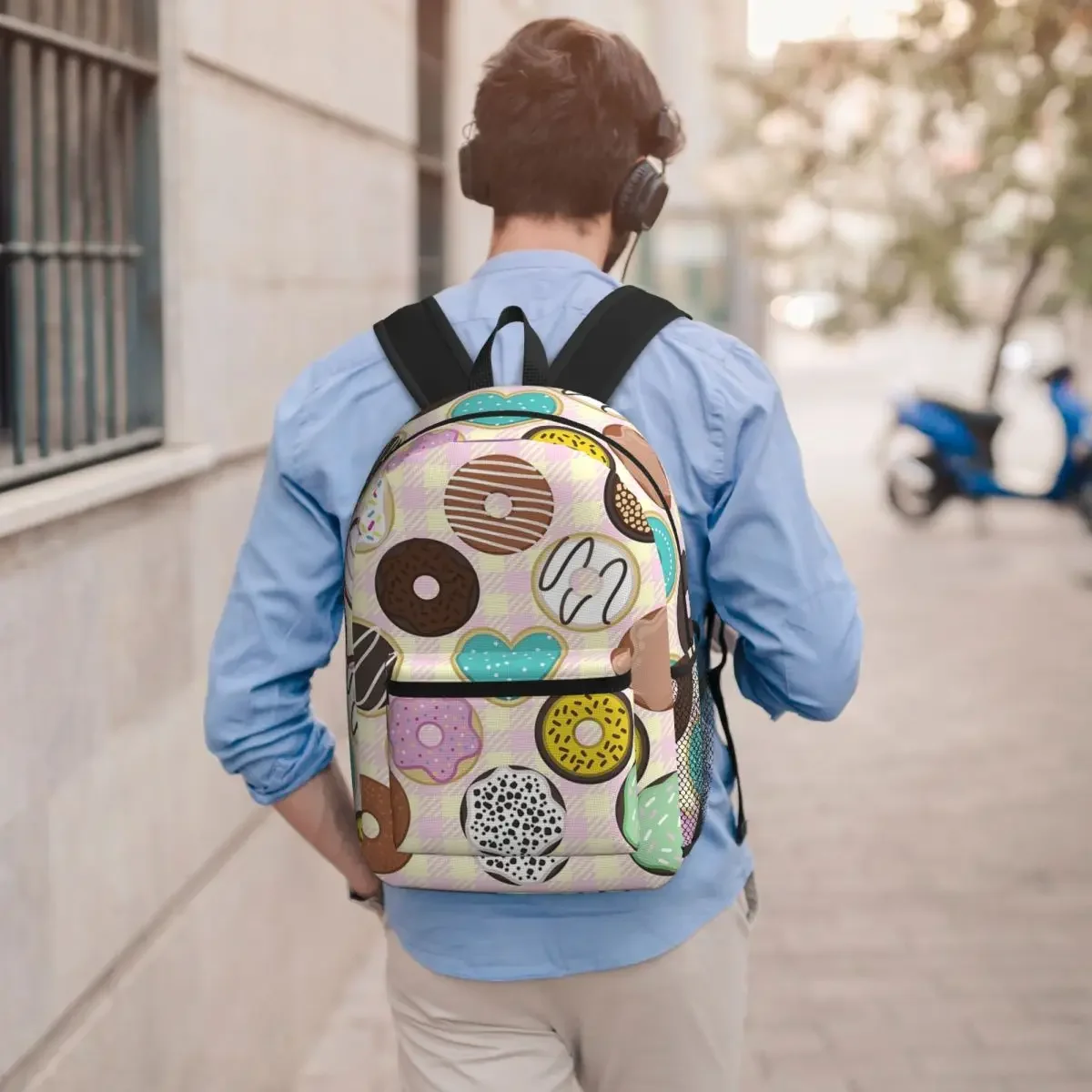 Ice Cream Donut In Pink Grid Background Student Backpack School Bag Hiking Travel Daypack for Men Women Bookbag Shoulder Bags