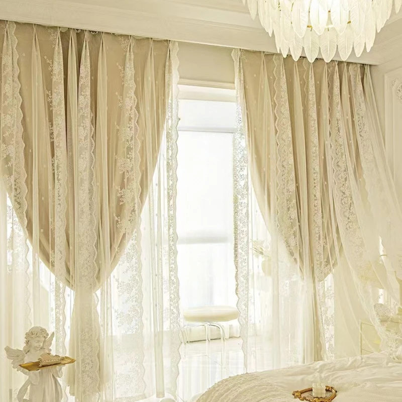 French Milk Tea Ins Princess Style Curtains Double Layered Blackout Curtains and Gauze Integrated Lace Tulle Window Curtains