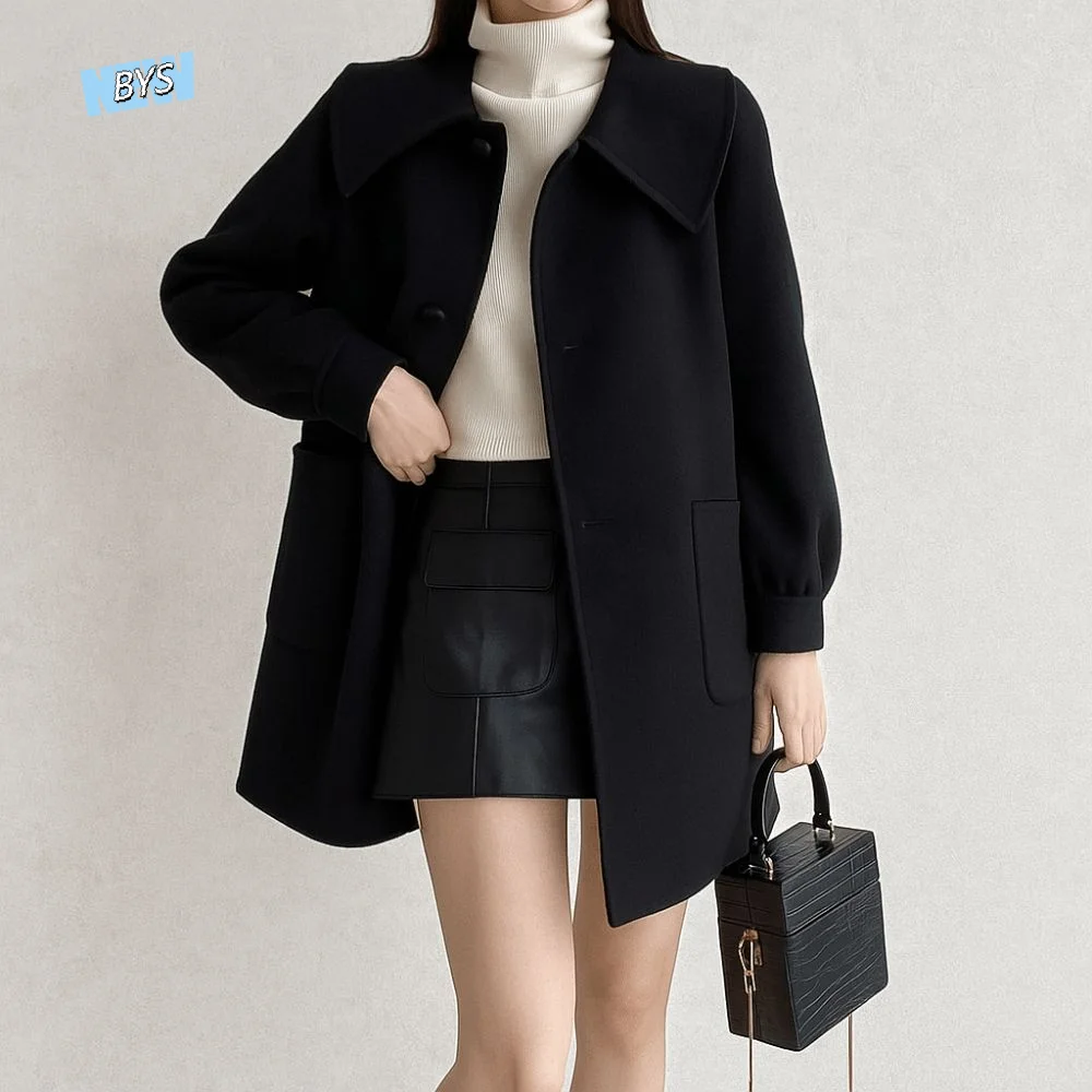 

Mid Length Woolen Coat Women Heart-shaped Buckle Flip Collar Long Sleeve Cardigan Lady Tops Autumn Winter Windproof Coats Autumn