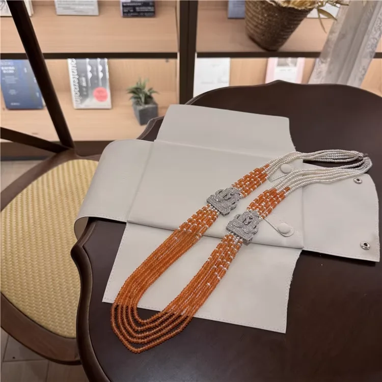 New Natural Pearl With Orange Jade Multi-Layer  Sweater Necklace for Women