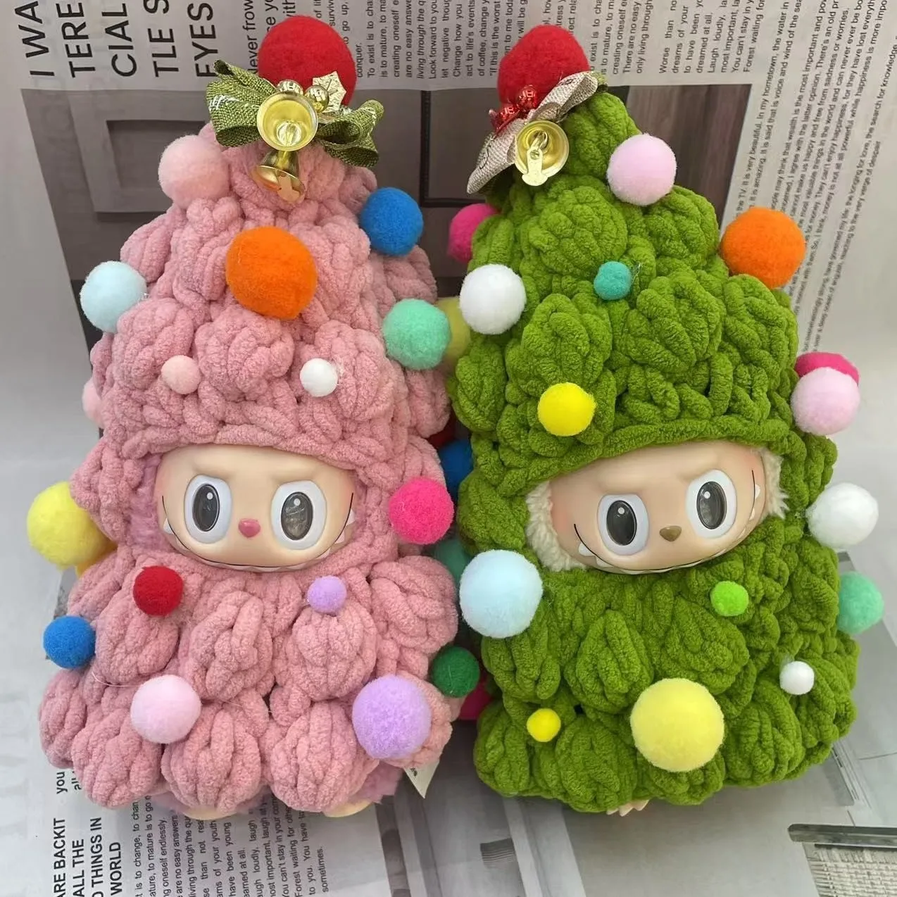 Handmade Crochet Labubu Doll Christmas Tree Outfit Pink and Green Colors Knitted Clothes for 17cm Vinyl Figure Holiday Decor