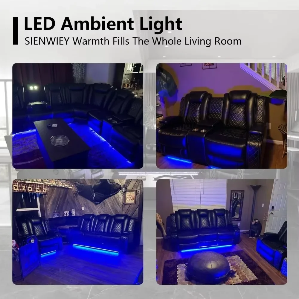 Sofa Kursi Daya Kulit dengan Lampu LED, Pengisi Daya Nirkabel/Port USB Meja Jatuh, Sofa Berbaring Ganda Daya Mewah 84"