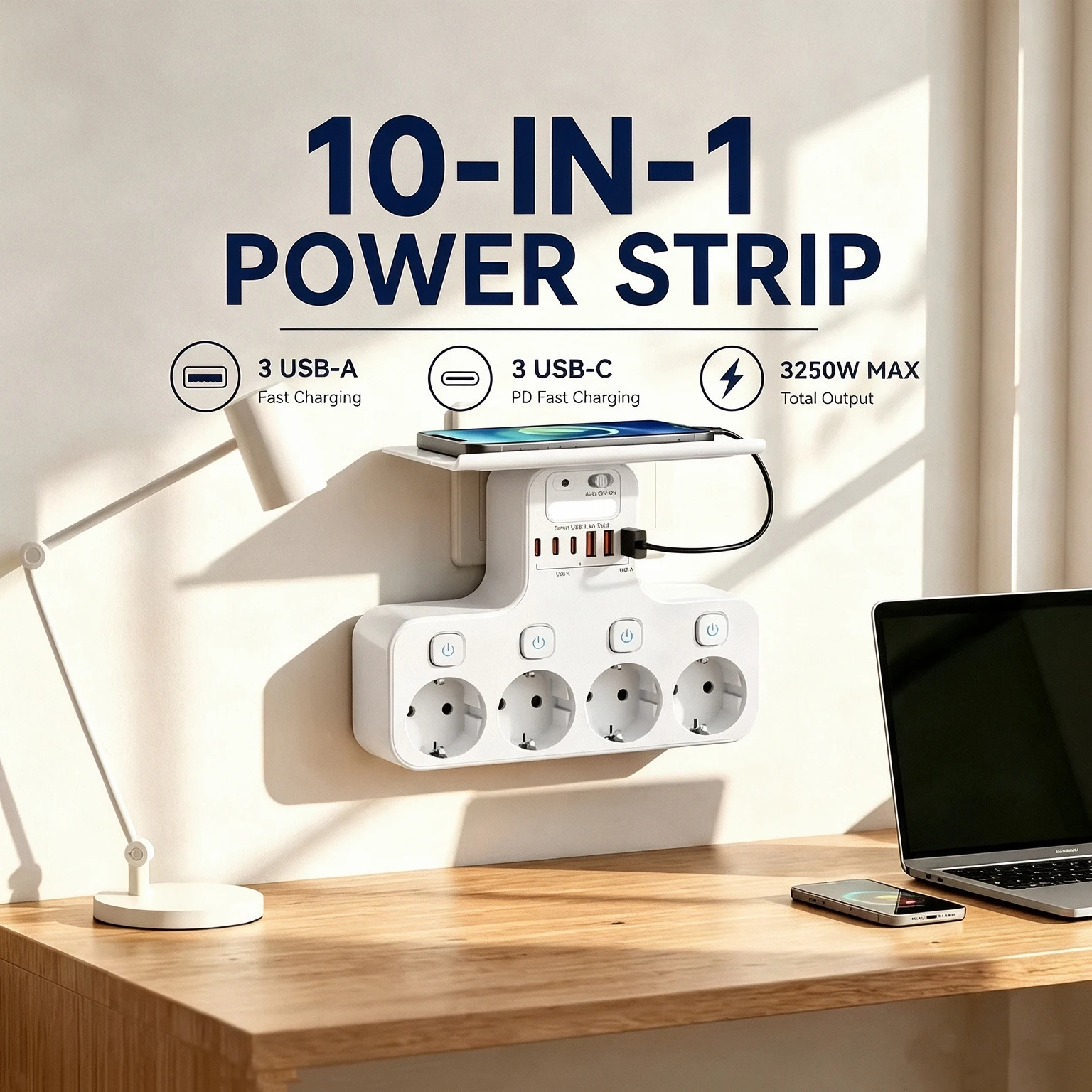 EU Plug Wall-Mounted Power Strip, Multiple Outlets with Independent Switches, Detachable Storage Tray, Light-Sensor Night Light