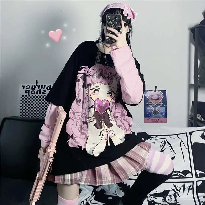 Japanese Cartoon Anime Sweet Cute Girl Print Long Sleeve T-shirt Women Autumn Street Fake 2 Piece Patchwork Pullovers Y2K Top