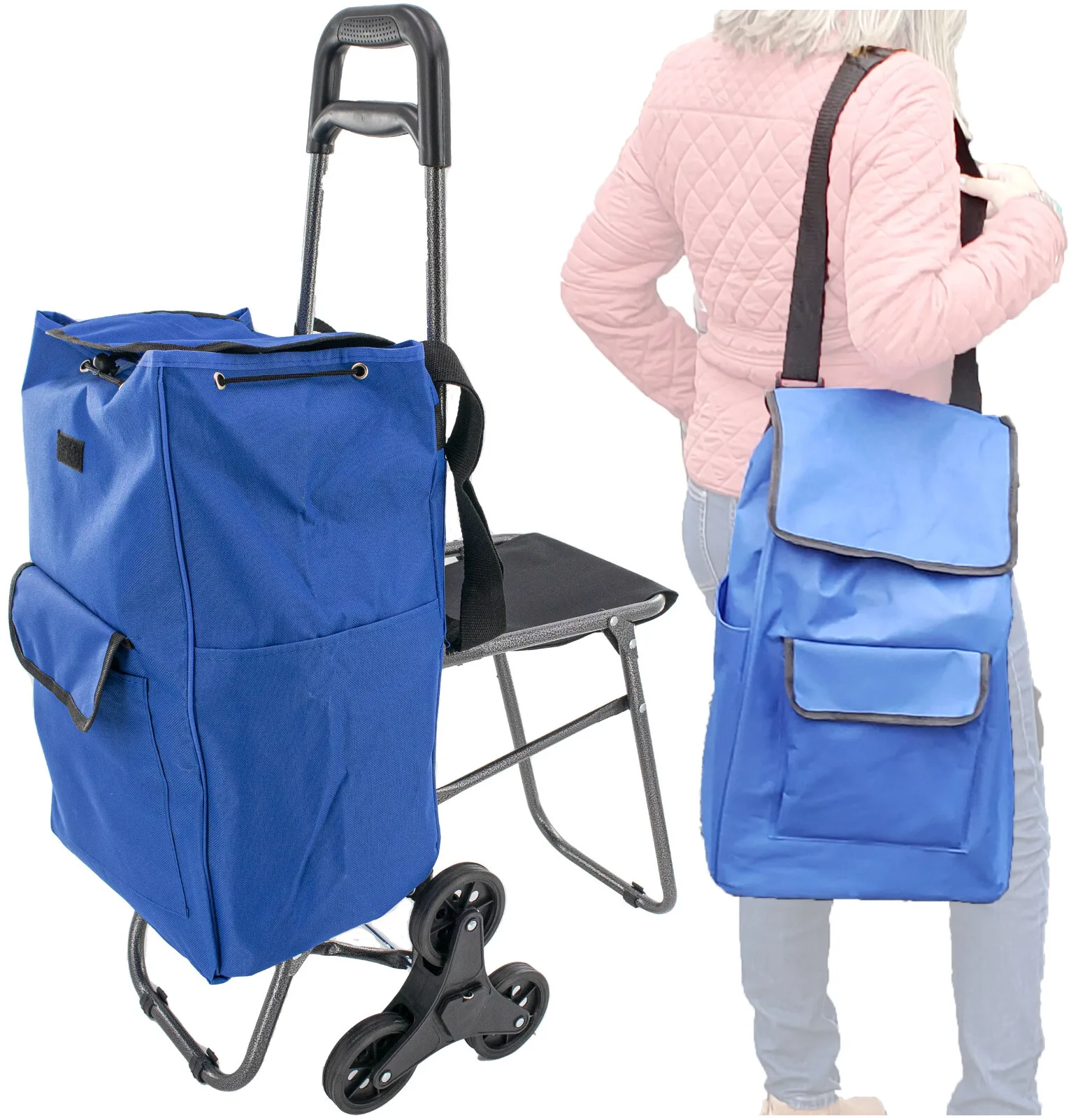 

Foldable Stair Climbing Cart with Seat Tri Wheel Grocery Trolley Waterproof Bag