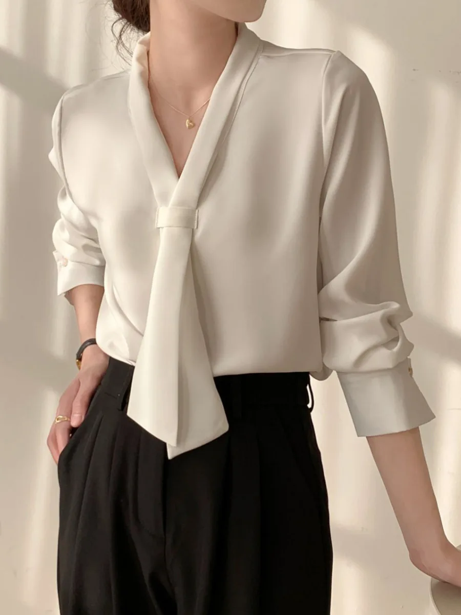 

Изысканная блузка оверсайз из шифона с длинным рукавом, модная офисная рубашка для многослойных образов