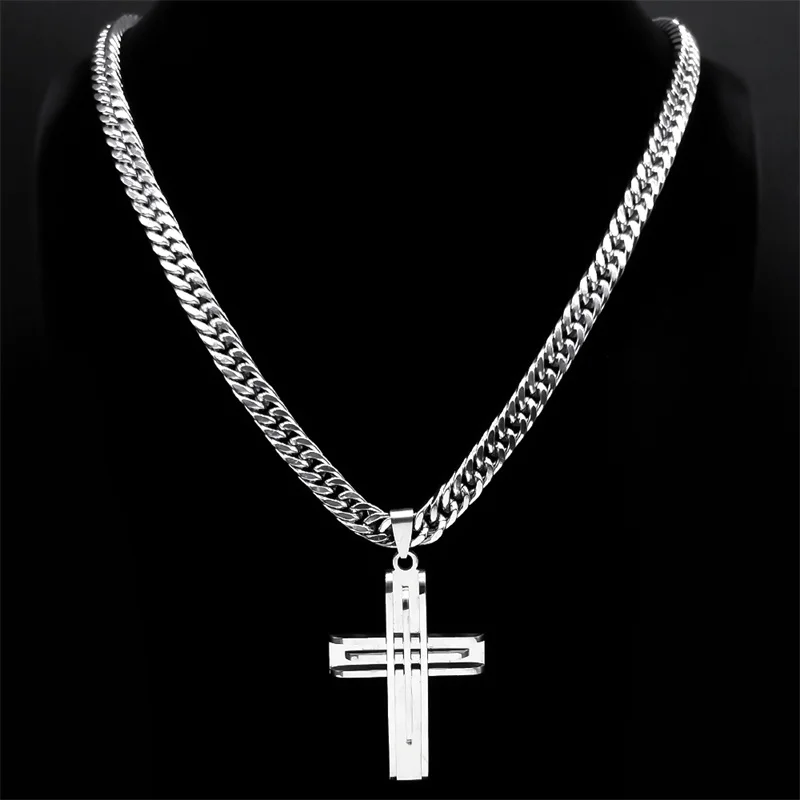 Punk Hip-hop Cross Layered Necklace Men Stainless Steel Silver Color Religious Necklaces Jewelry Party  Anniversary Gift N2356