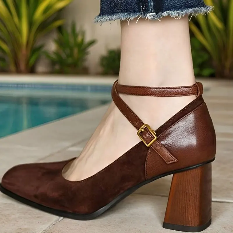 

Retro Square Toe Chunky Heel Mary Janes Women's Shoes Cross Buckle Patchwork High Heels Frosted Splicing Spring Autumn New