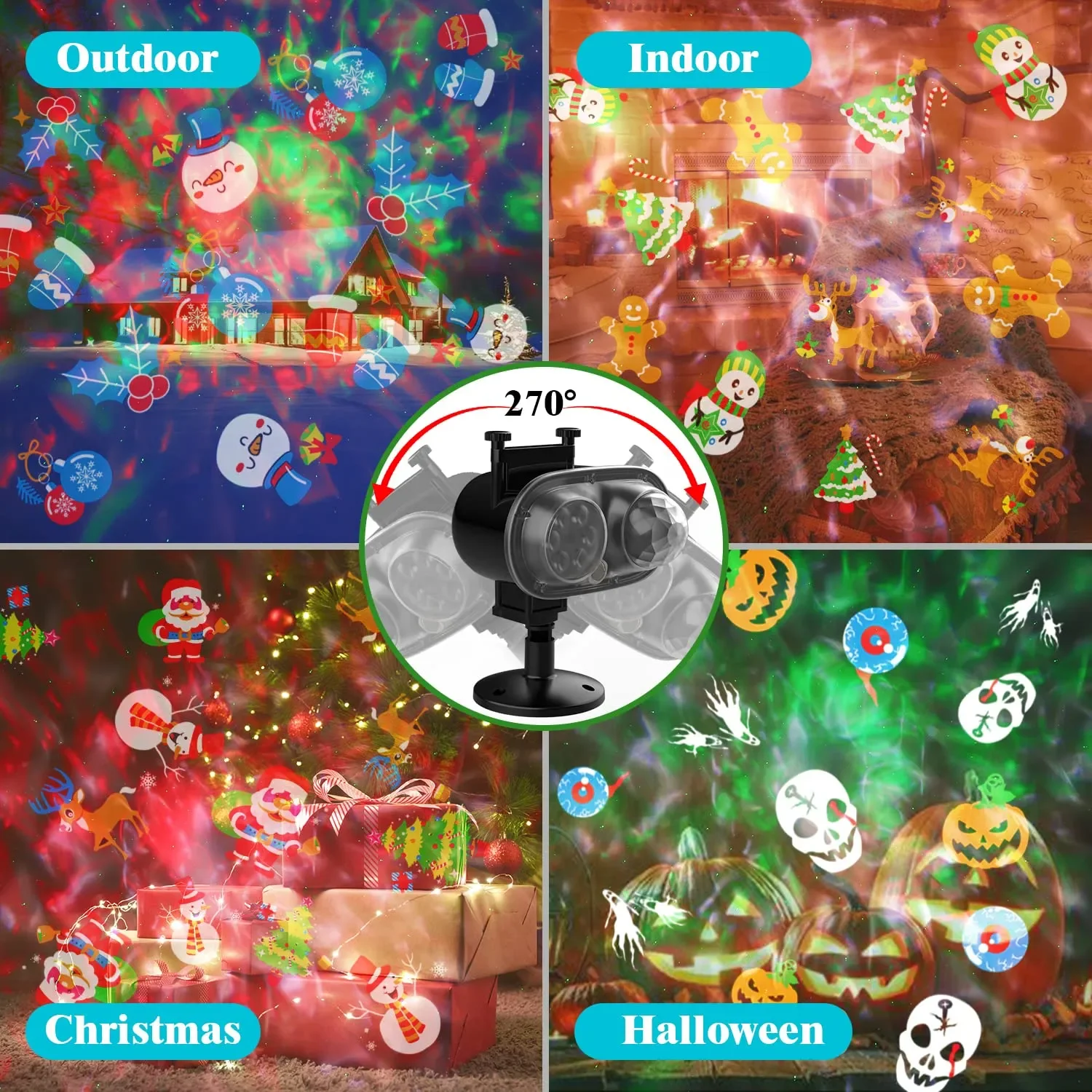 Christmas Halloween Projector Lights Outdoor 3D Ocean Wave & 16 Patterns Waterproof Laser Projector for Indoor Halloween Holiday