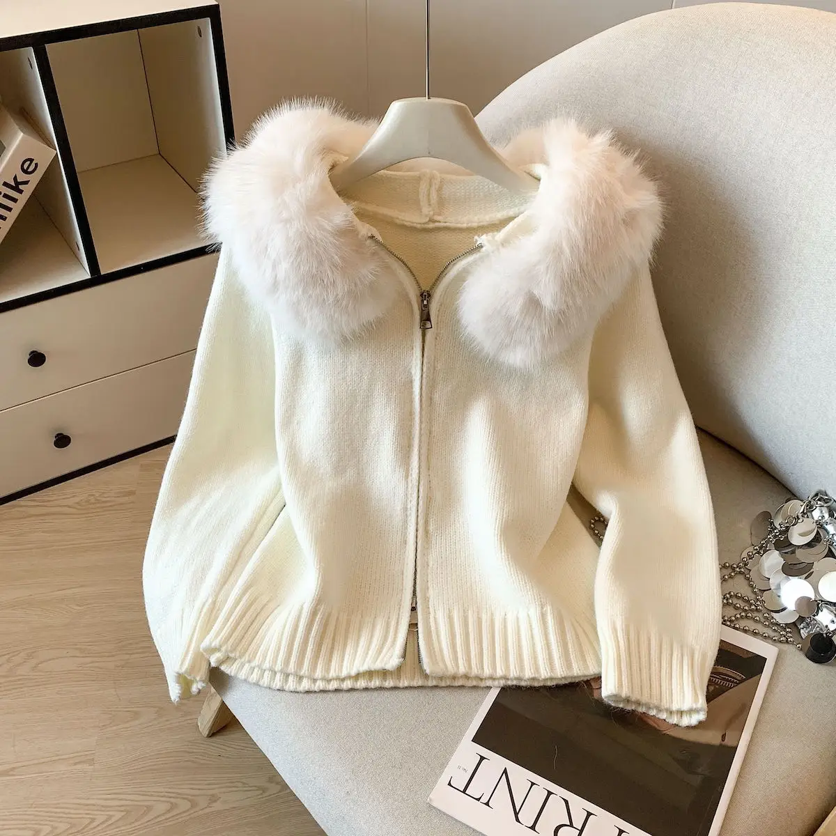 

Свитер с воротником из меха ягненка, пальто с шапкой, маленький ароматный слэ, осень-зима, Новое поступление, женский вязаный кардиган