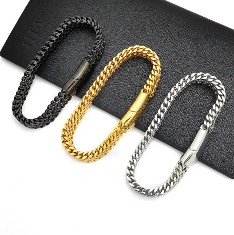 Classic Versatile Silver Color Chain Bracelet Men\\\'s Stainless Steel Bracelet with Metal Magnetic Buckle Bracelet