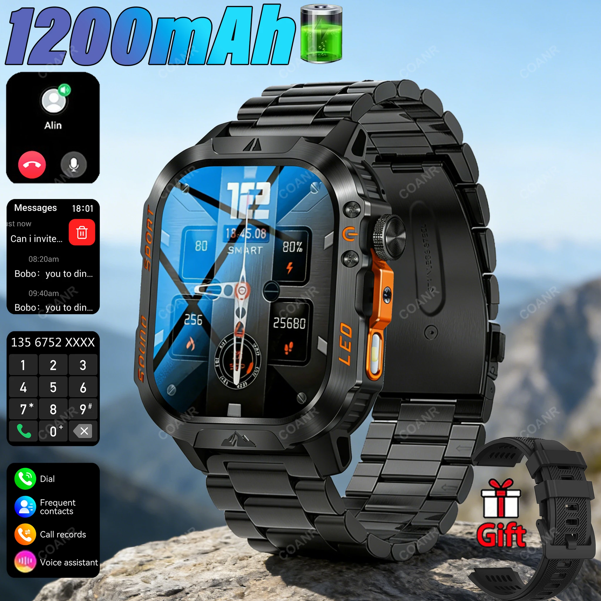 

New Military 1200mAh Battery Smart Watch 2.01" Outdoor Sports with LED Flashlight 100 Sports Modes Wireless Calling SmartWatch