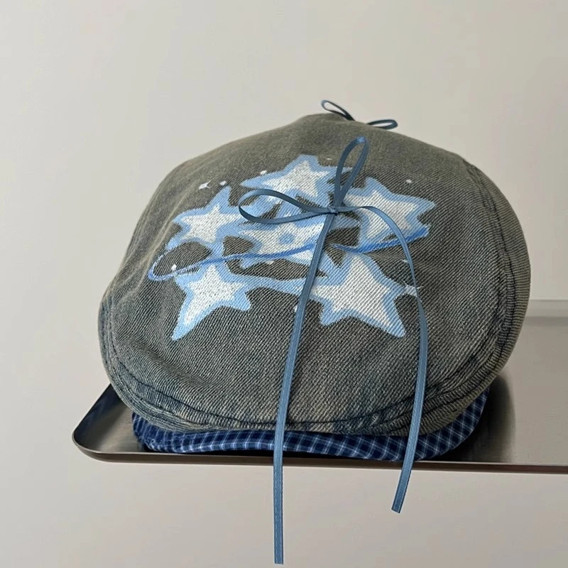 

Корейская джинсовая шляпа со звездным бантом, японские женские береты в стиле ретро