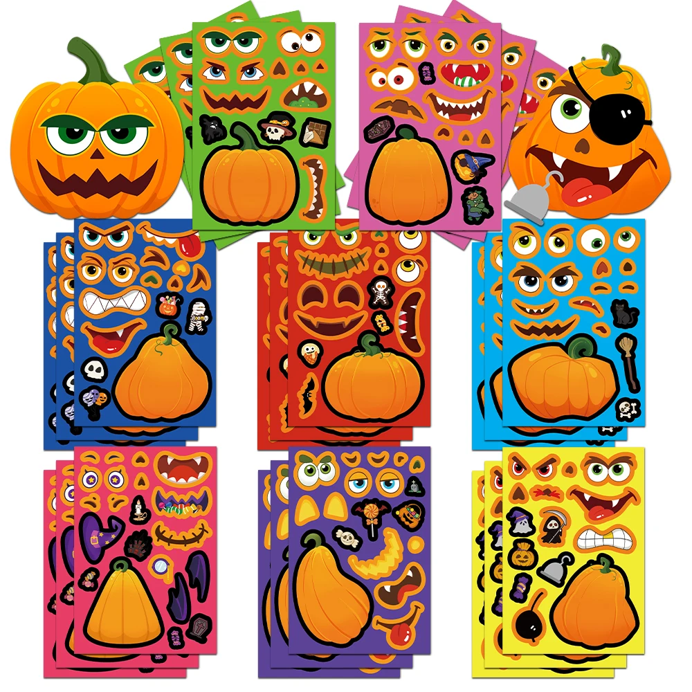 8PCS Pumpkin Head Halloween Puzzle Stickers Cartoon Creative Fun DIY Account Material Manual Tablet Decoration Waterproof Sticke
