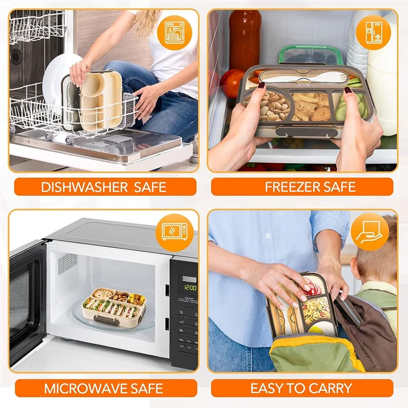 HHO-Bento Box With Utensils, 4-Compartment Container Drop-Proof Dishwasher Safe,Lunch Box Adults& Kids
