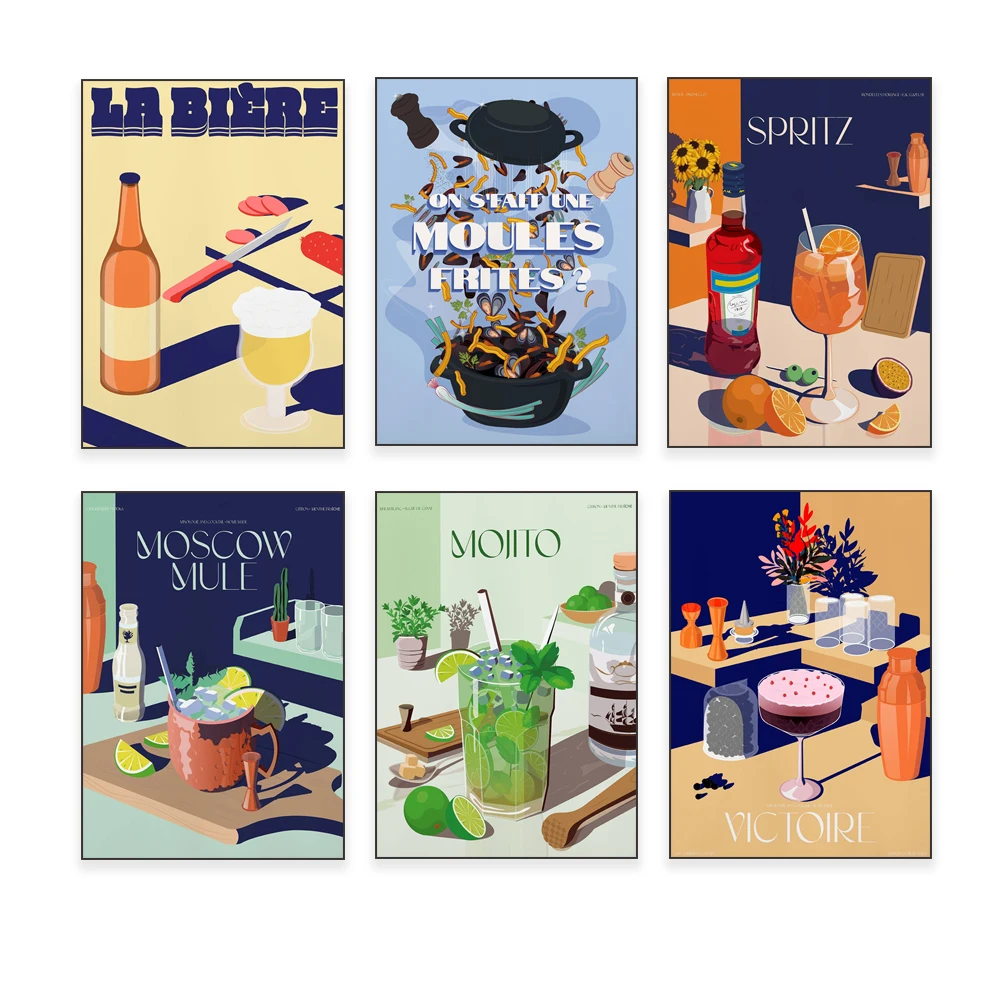 Les Moules Frites poster, mussels and french fries, frozen recipe, cocktail, Mojito, moscow mule, Spritz, beer poster