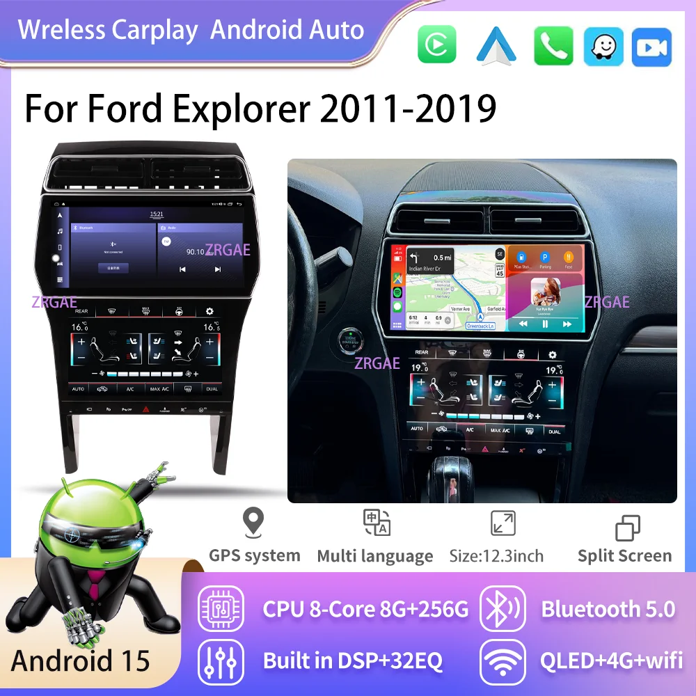 Tela carplay sem fio android 15 de 12 + 10.1 polegadas, para ford explorer 2011-2019, reprodutor de vídeo multimídia para carro, navegação gps, rádio dsp bt