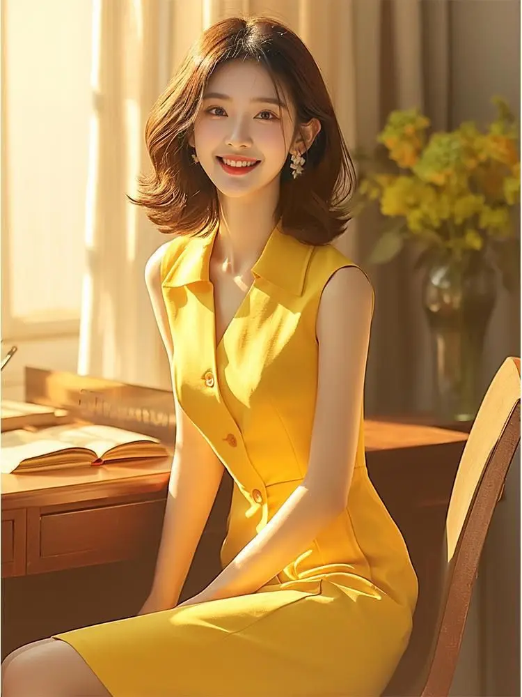 Women\'s Yellow Elegant Sleeveless Dress, Korean Fashion, Street Casual Summer Dress for Women, New, 2024