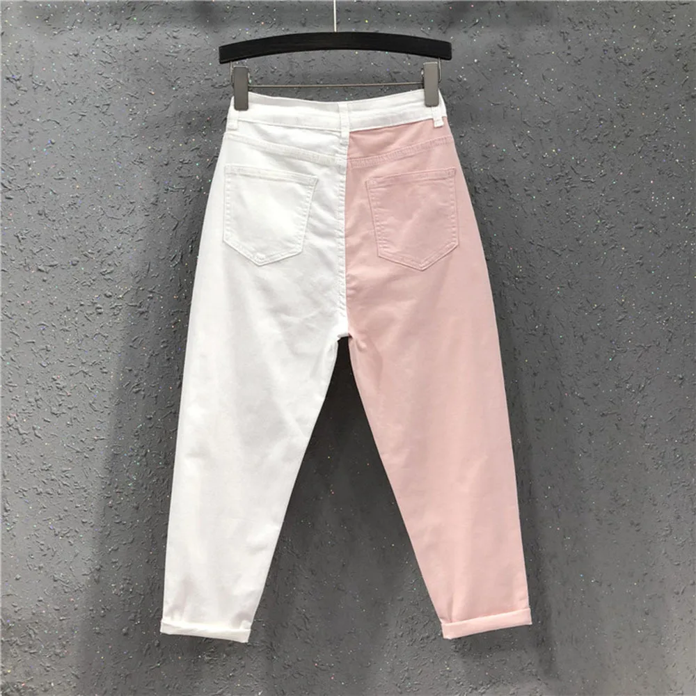 Spring New Fashion Women High Waist Loose White Jeans All-matched Casual Elastic Denim Cotton Harem Pants