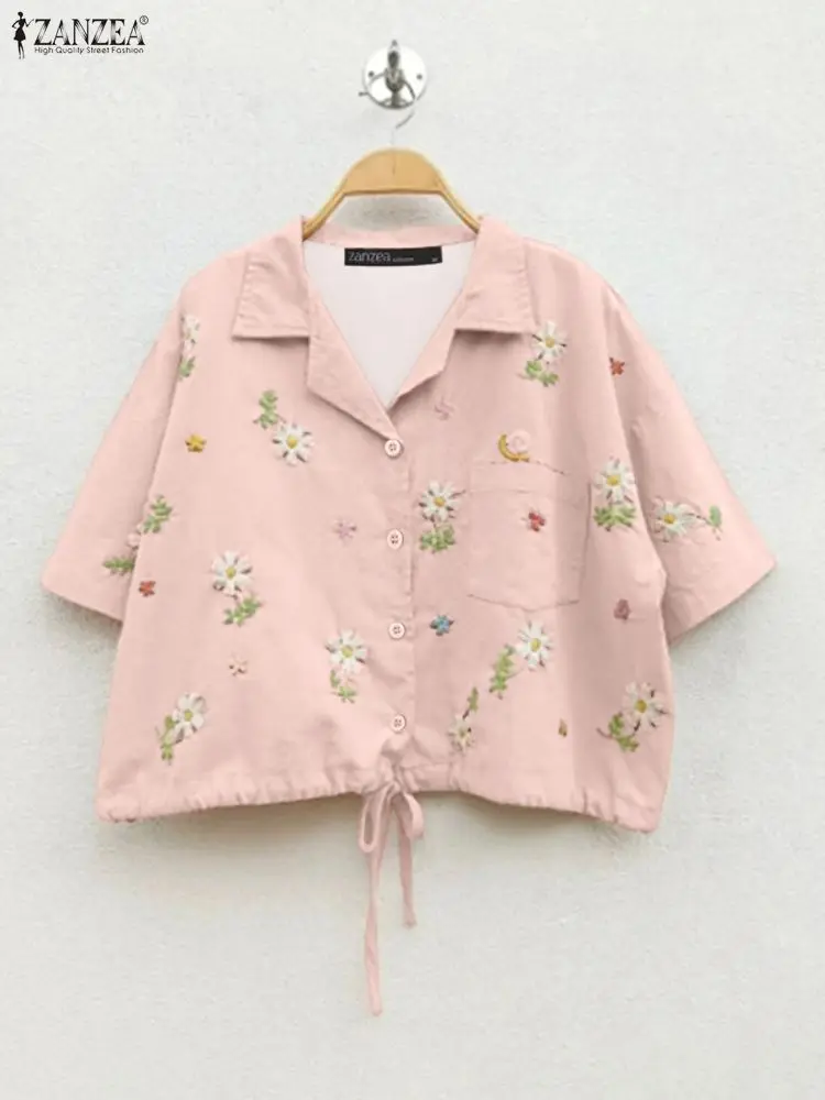 2025 ZANZEA Bohemian Summer Floral Print Shirts Women Blouses Short Sleeve Casual Tunic Tops Loose Bandage Lapel Fashion Blusas