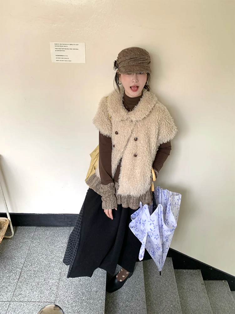 

MOWENTI белое пальто с мехом ягненка, осень-зима 2022, винтажное пальто с короткими рукавами, женская утягивающая верхняя одежда Plu