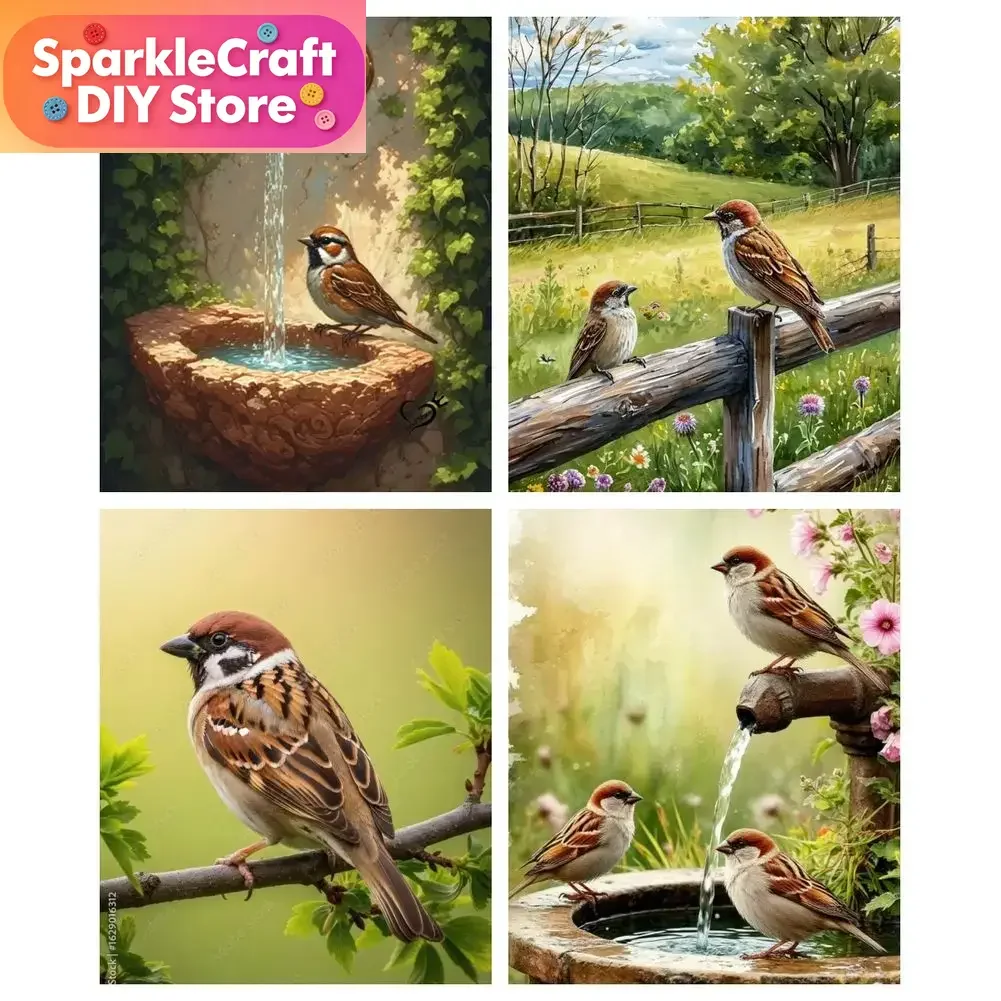 1pc frameless Eurasian Tree Sparrow DIY Diamond Painting Kits Full Round Mosaic Embroidery Nature Artwork Bird Wildlife Picture