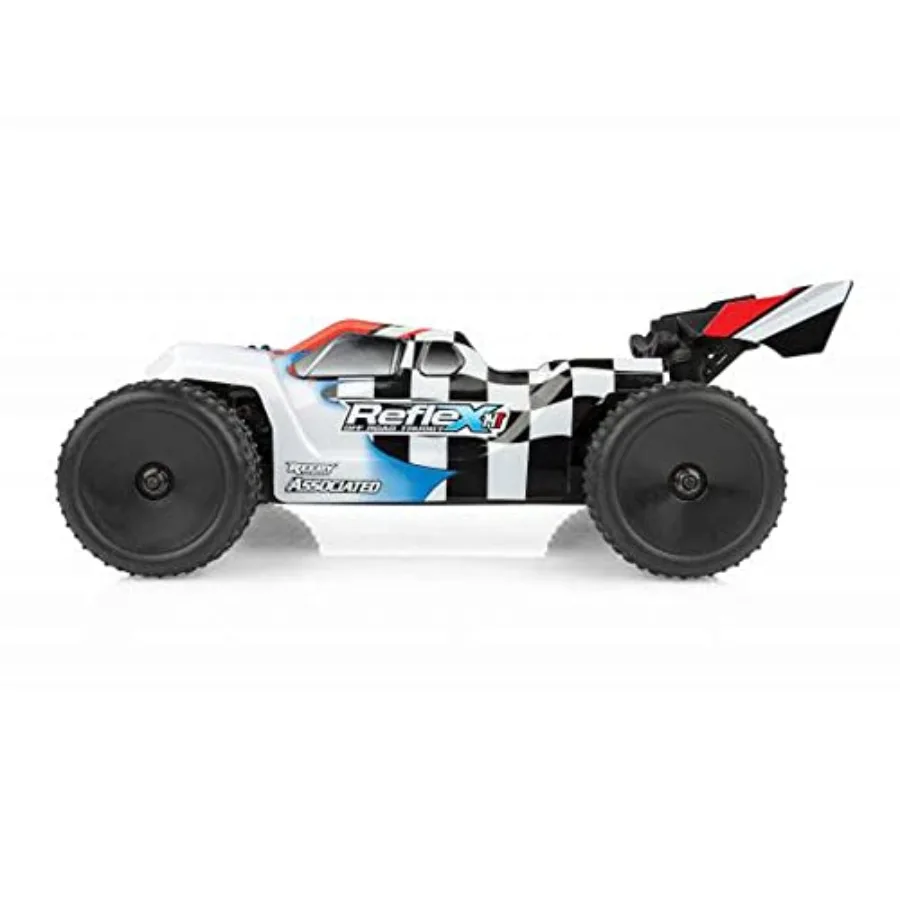 Off-road racing truggy with 4WD, brushless motor, RTR setup; black and red ABS plastic body; high-speed performance and durable