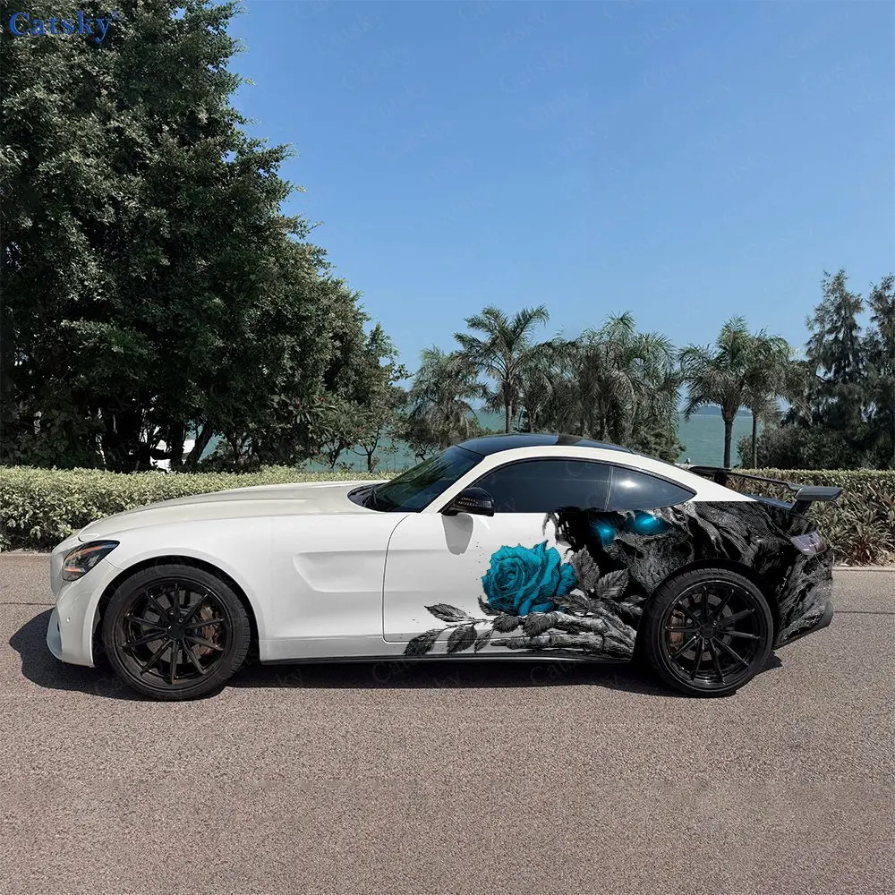 2pcs Aesthetic Blue Rose Skeleton Car Side Wraps, Self-Adhesive PVC Waterproof & Scratch-Resistant Stickers, Car Accessory Gift